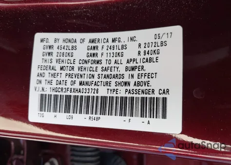 2017 Honda Accord Ex-L V6 from USA, damaged, VIN 1HGCR3F8XHA033726